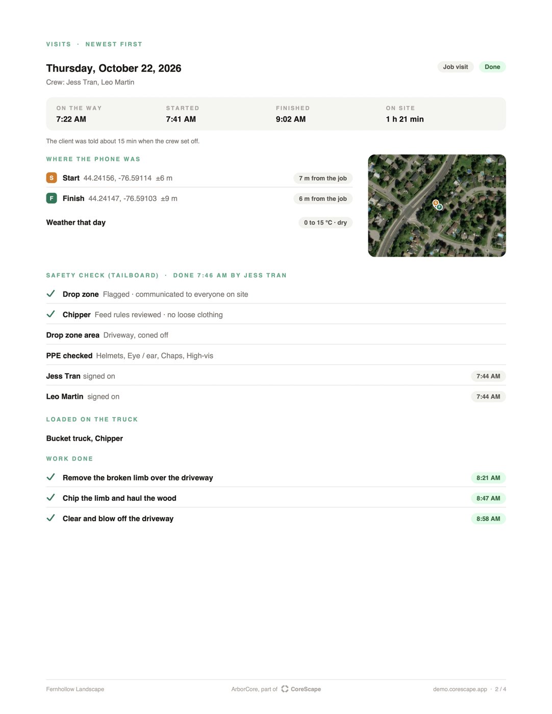 ArborCore job record: times and the safety check