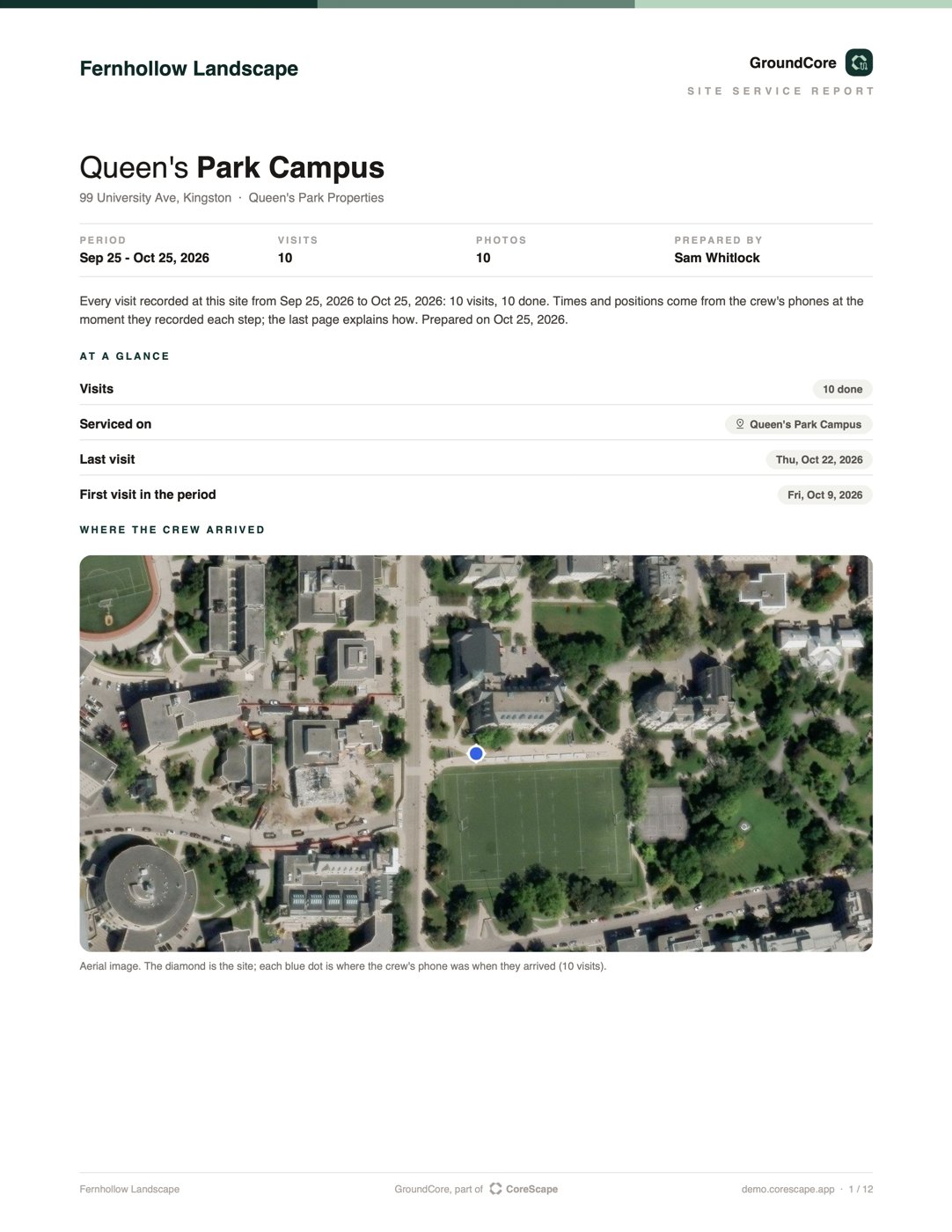 GroundCore site service report, cover page
