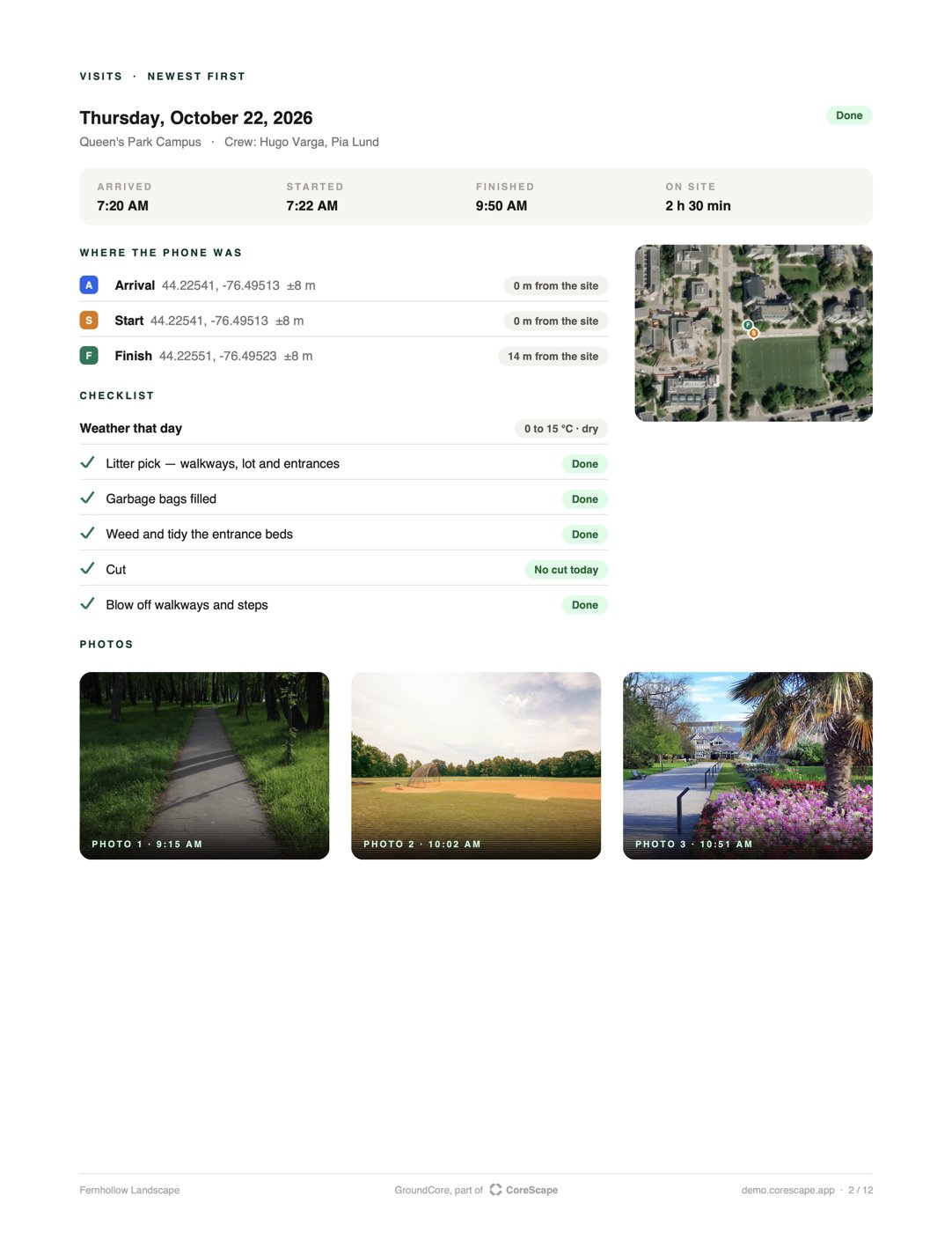GroundCore site service report: one visit's times, where the phone was, the checklist and a photo
