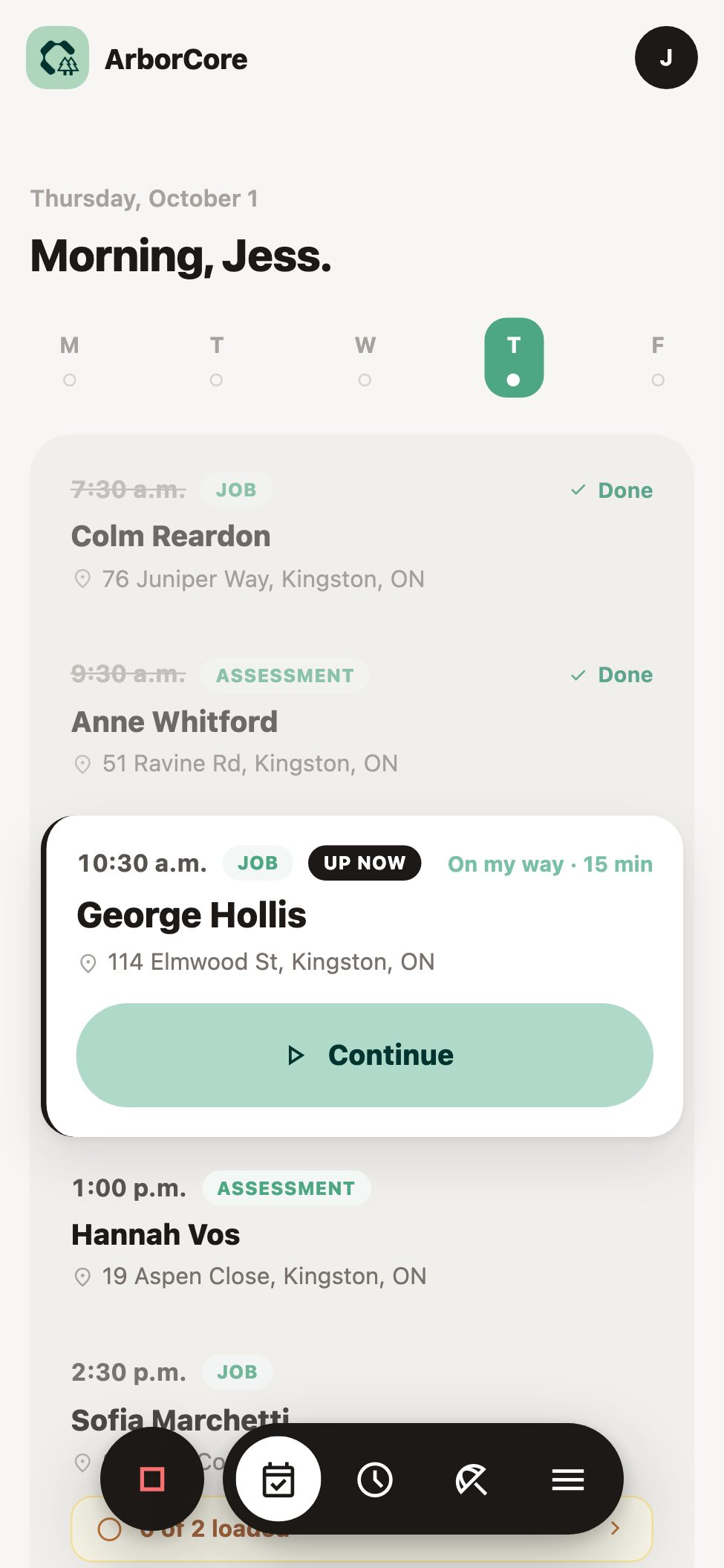 ArborCore crew app: the day's visits by time