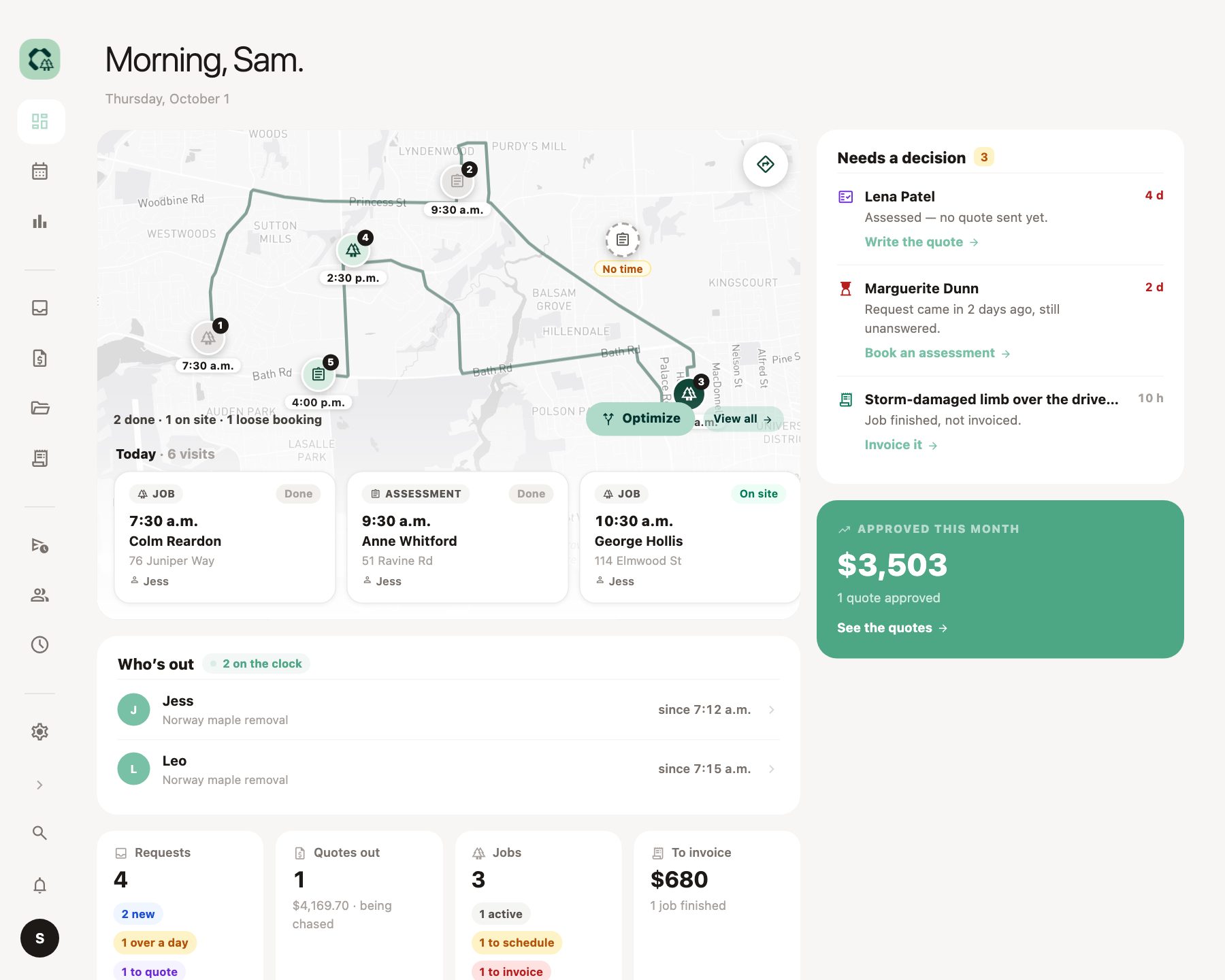 ArborCore day map with visits pinned by time