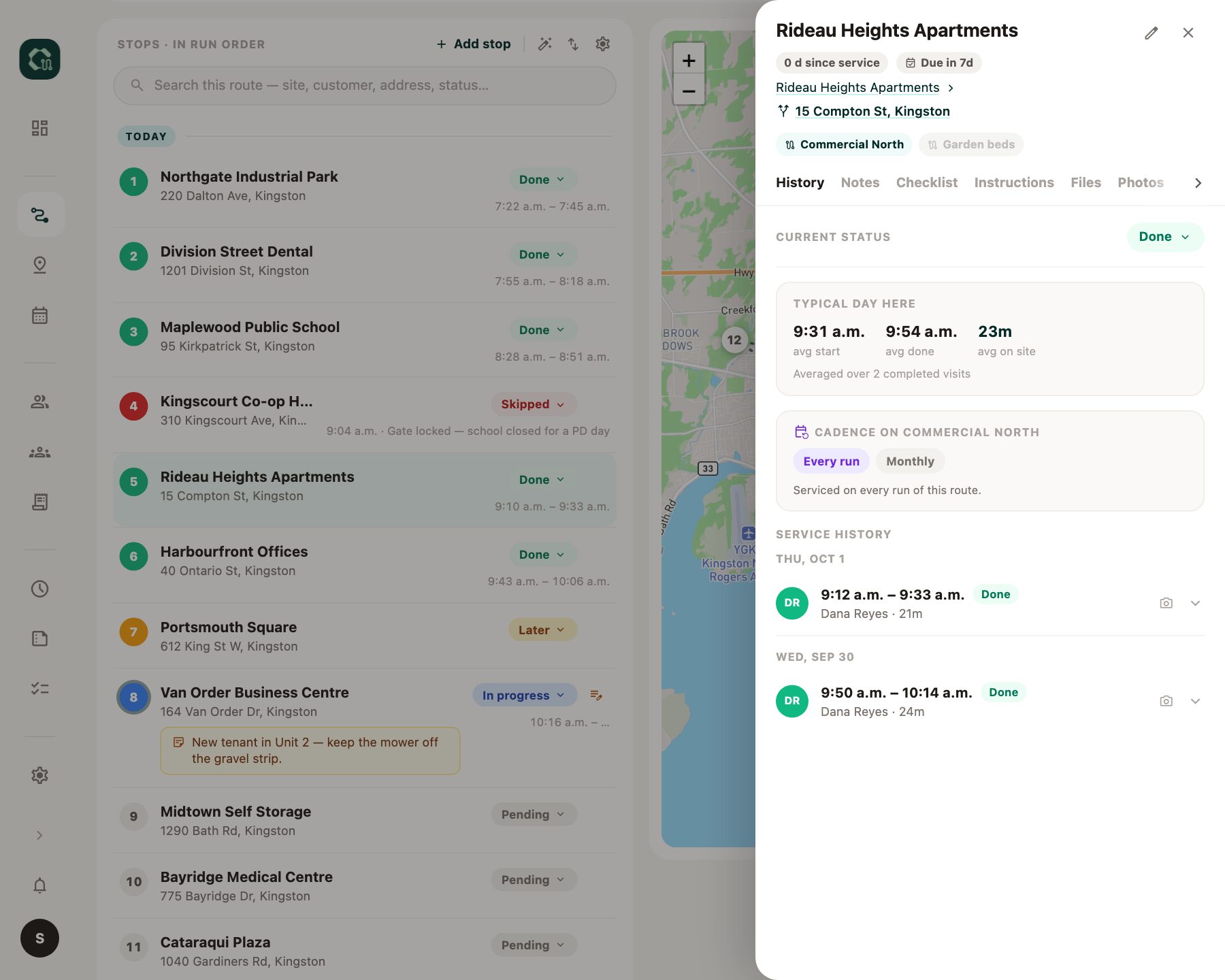 A site's service history with times, crew and visits