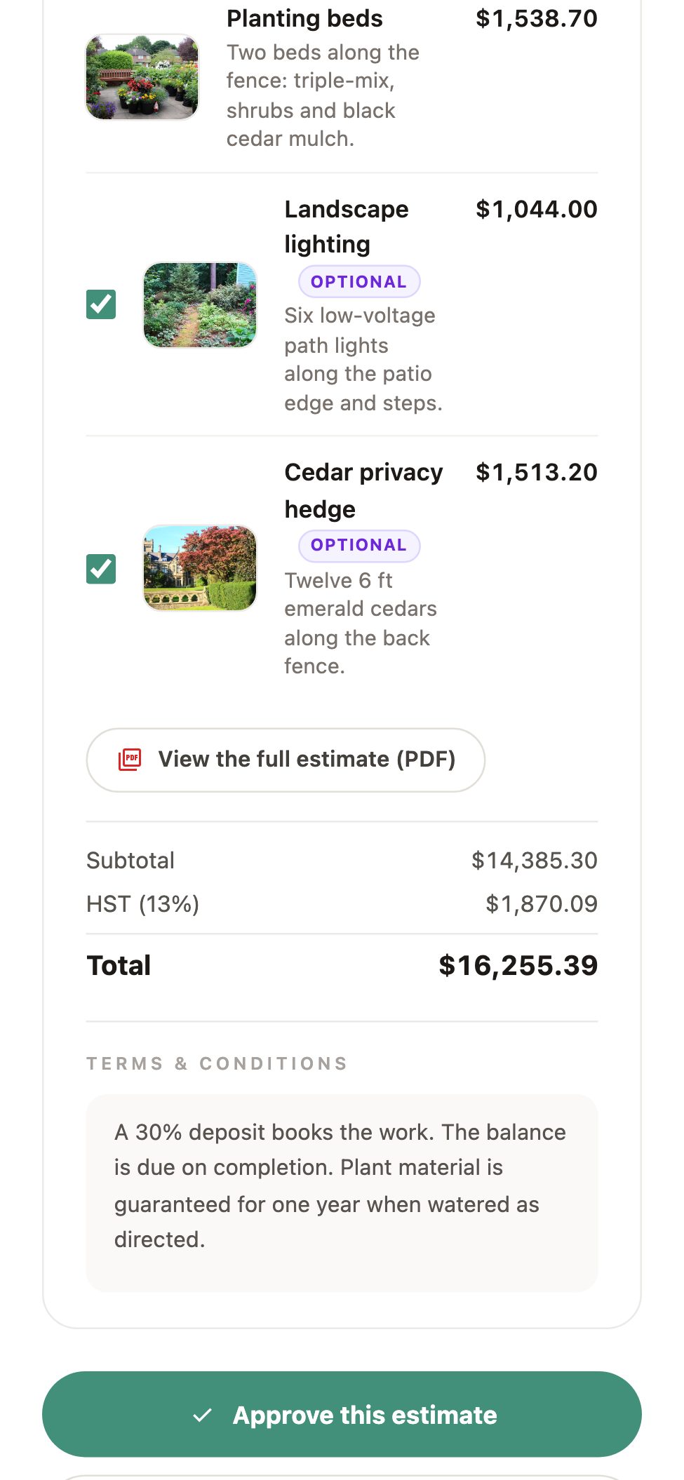 The client's approval page with optional add-ons and the total