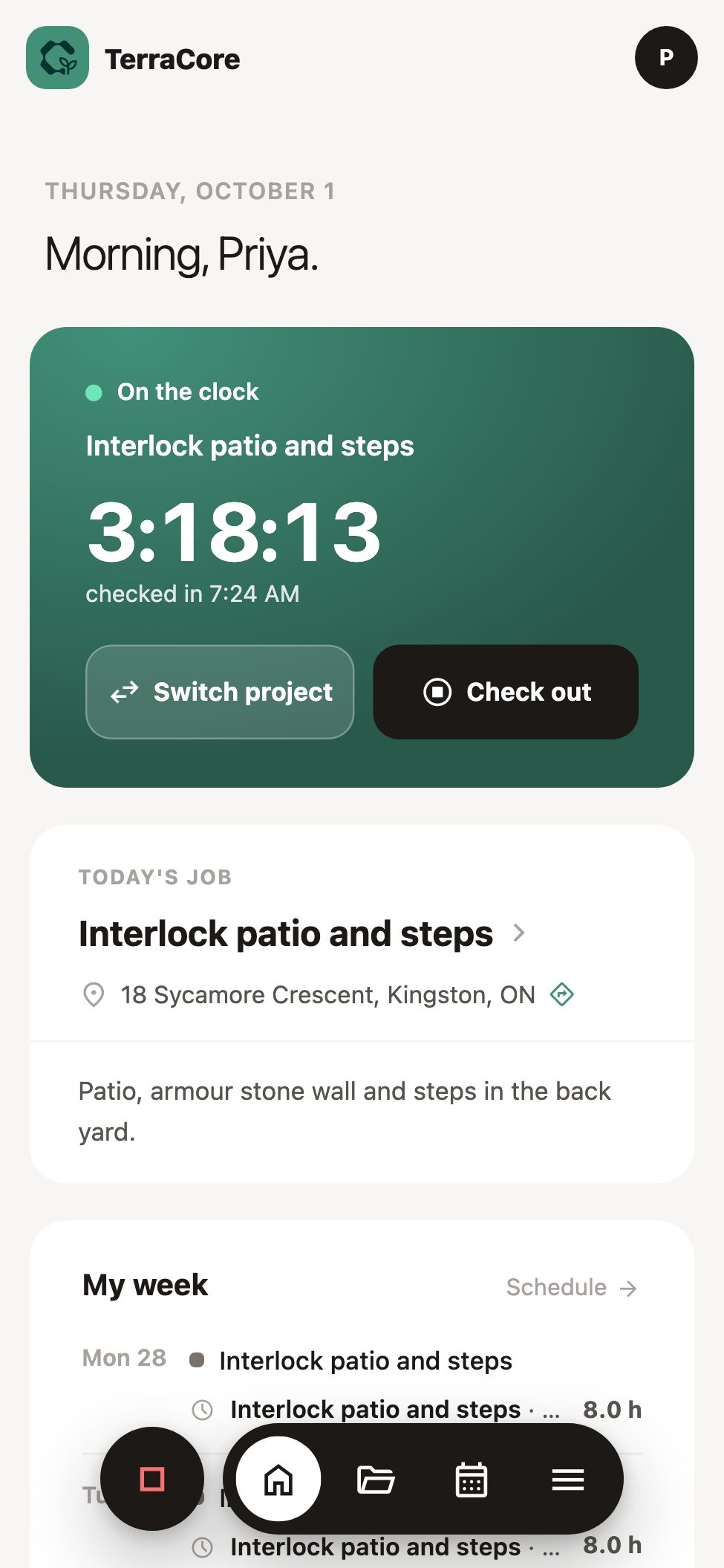 Crew home screen, on the clock on a project