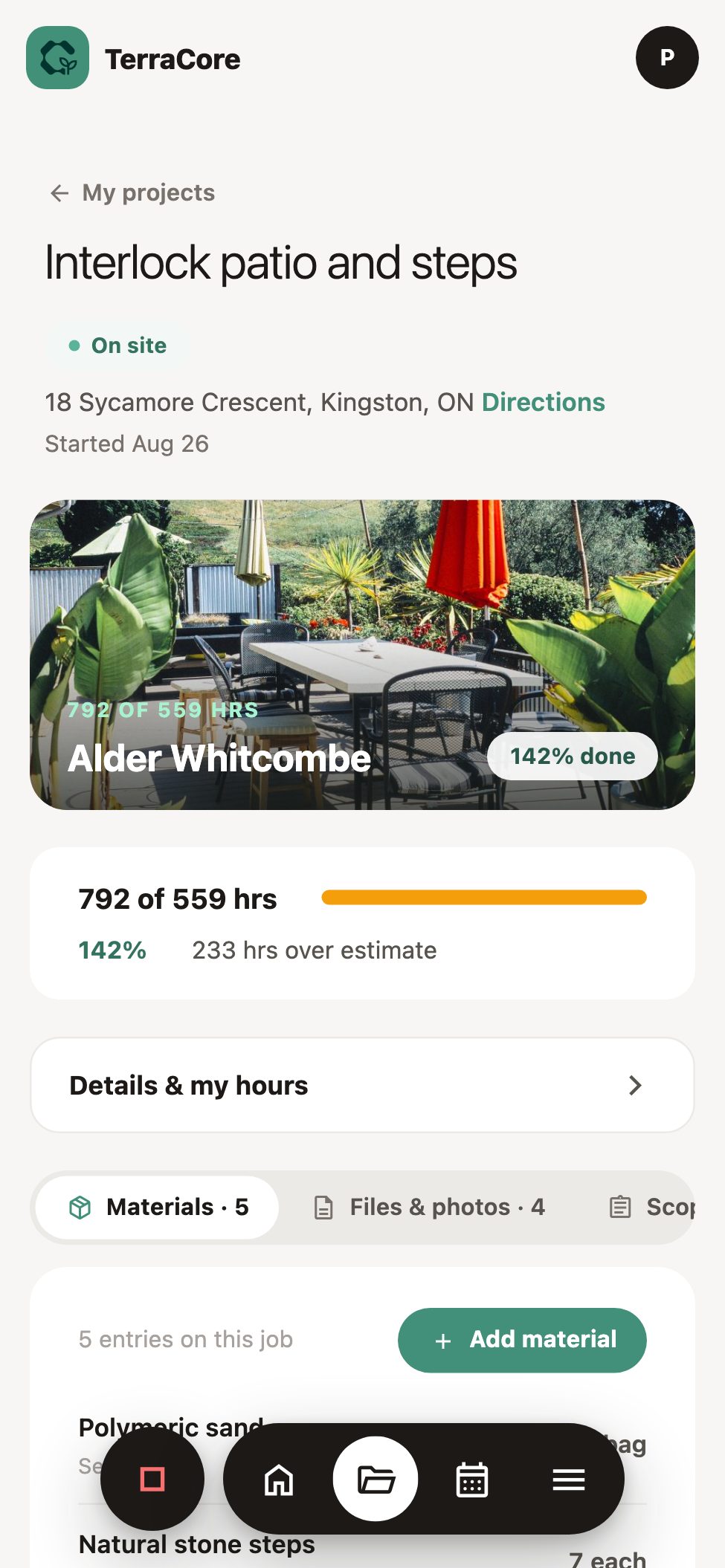 TerraCore crew app: the project with materials, files and scope